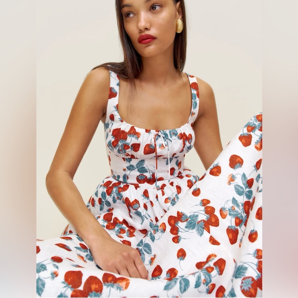 NWT Reformation Balia Linen Dress White and Red Floral Midi Dress